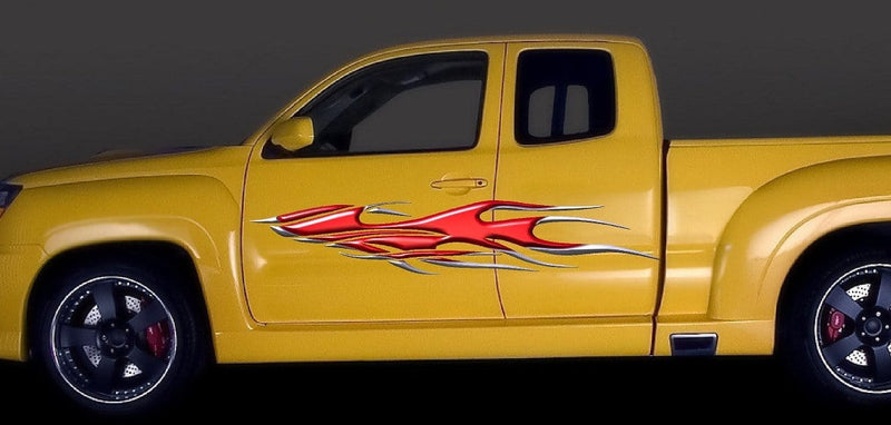red 3d flames vinyl graphics on yellow pickup